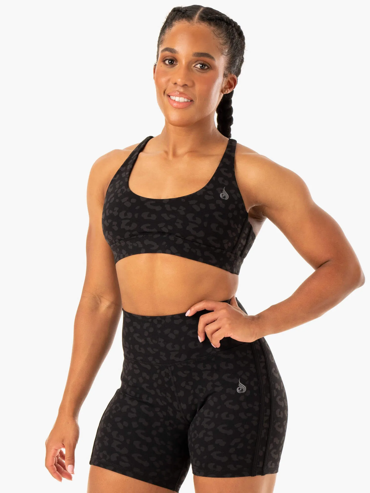 Cap-sleeved seams tall size Evolution Sports Bra - Black Leopard