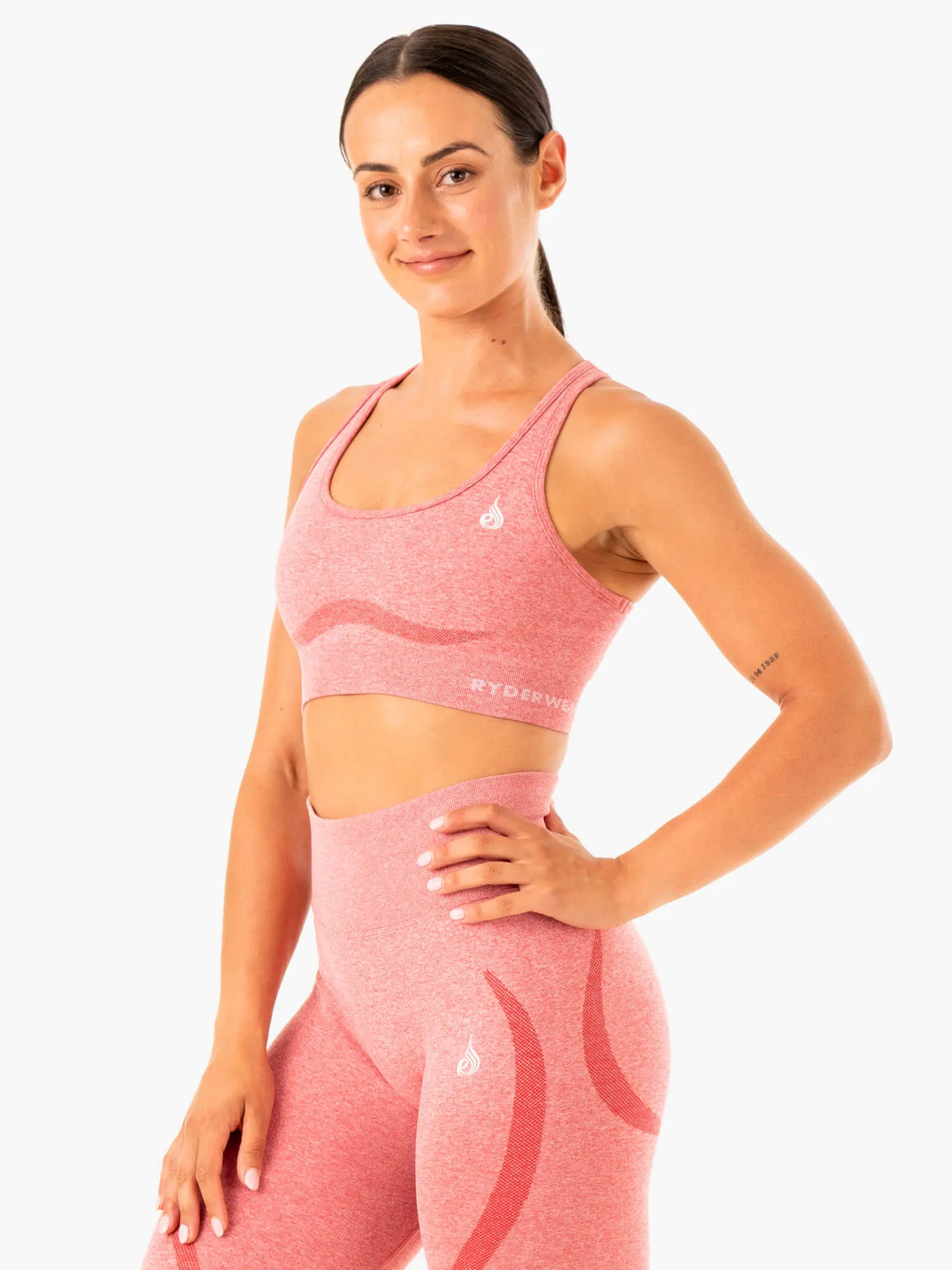 Blended materials Ribbed waistband Staples Seamless Racer Back Sports Bra - Pink Marl