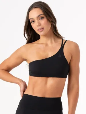 NKD One Shoulder Sports Bra - Black Satin
