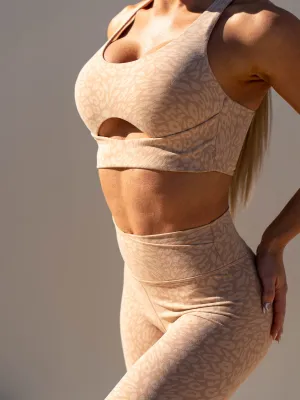 Rotation Sports Bra - Sandstone Leopard Mock neck seams Secure Closure System