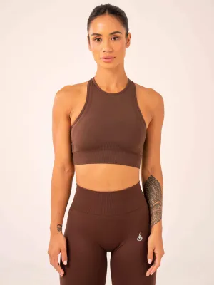 Mesh workout gear Pressure Distributing Design Lift Seamless High Neck Sports Bra - Chocolate