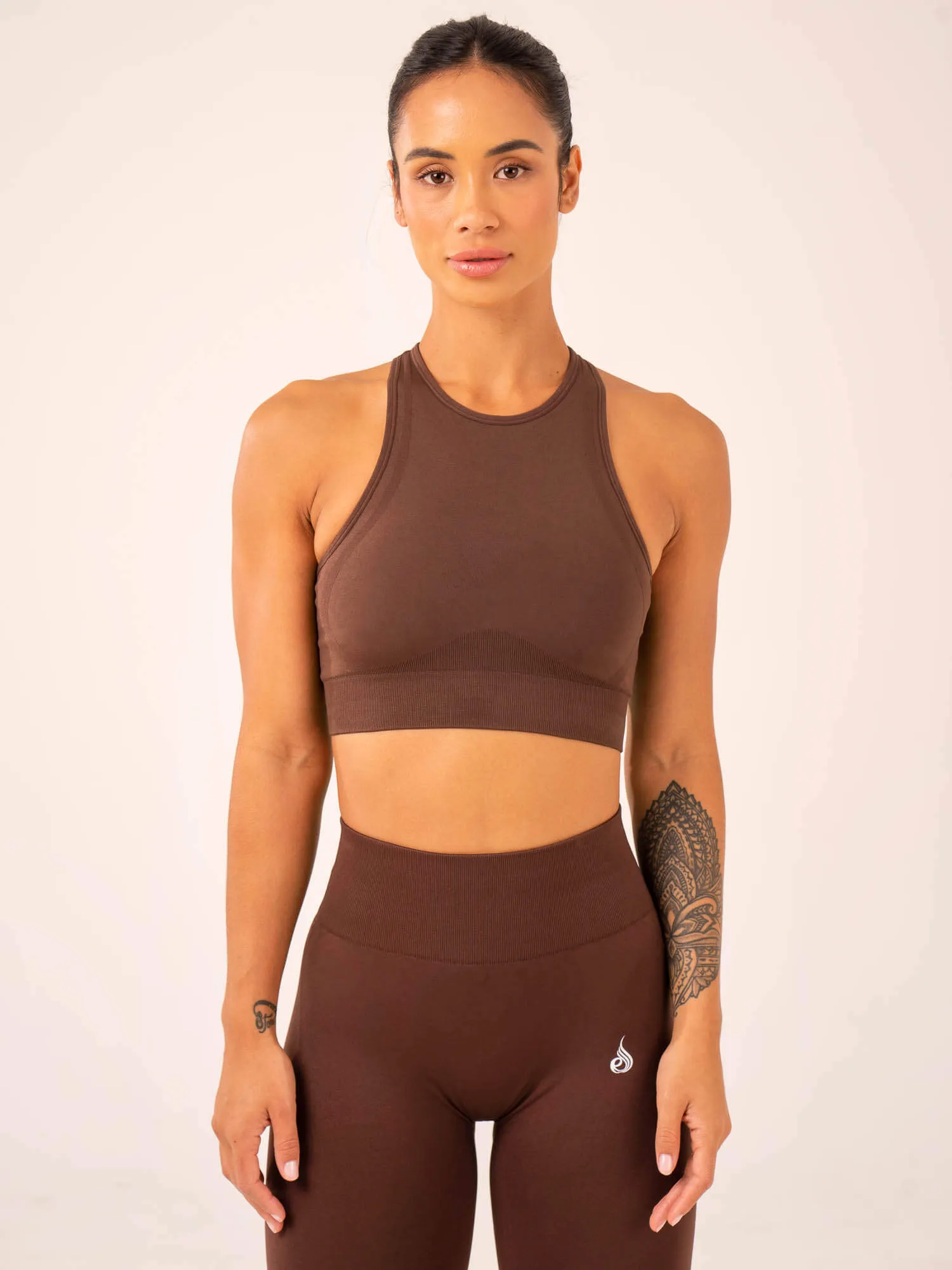 Mesh workout gear Pressure Distributing Design Lift Seamless High Neck Sports Bra - Chocolate