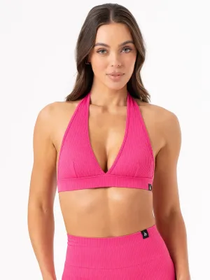 Rib Seamless Halter Sports Bra - Hot Pink Breathable Lingerie