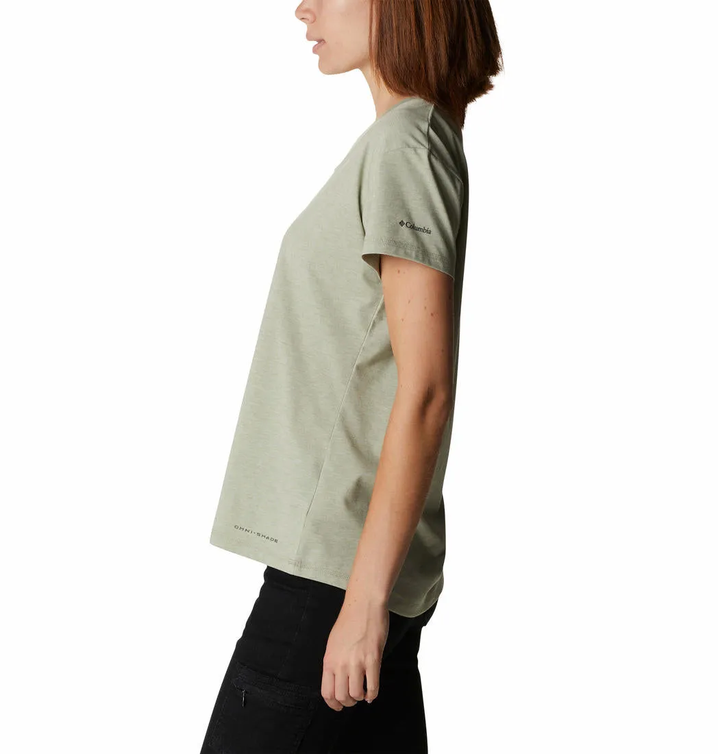 Columbia Women Green Sun Trek SS Tee (Sun Protection) Indoor Event Ribbed Collar Trim