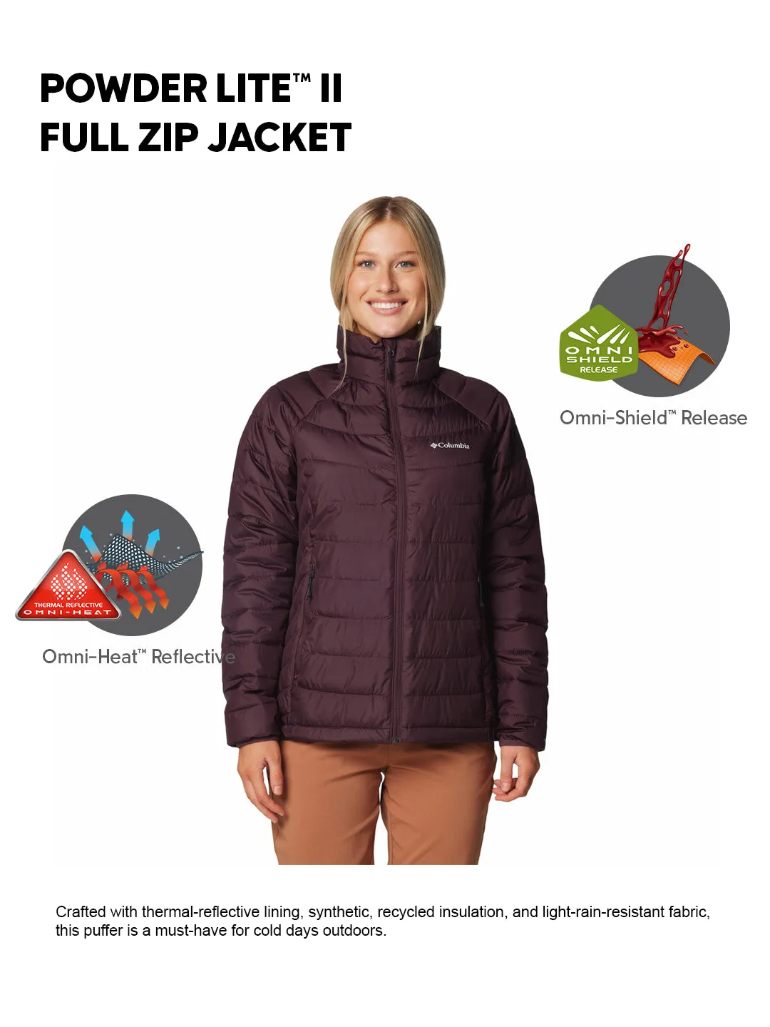 Travel Ready Contest Columbia Women Maroon OmniHeat Reflective Powder Lite II Down Jacket