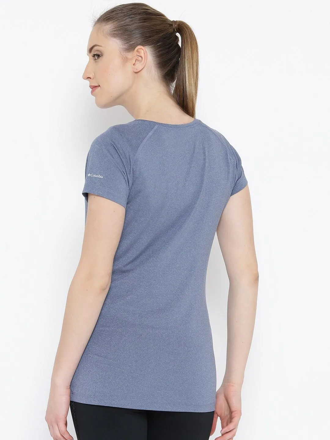 Stretch Knit Layered Neckline Columbia Women Blue Tuk Mountain Womens Short Sleeve Shirt (Sun Protection)