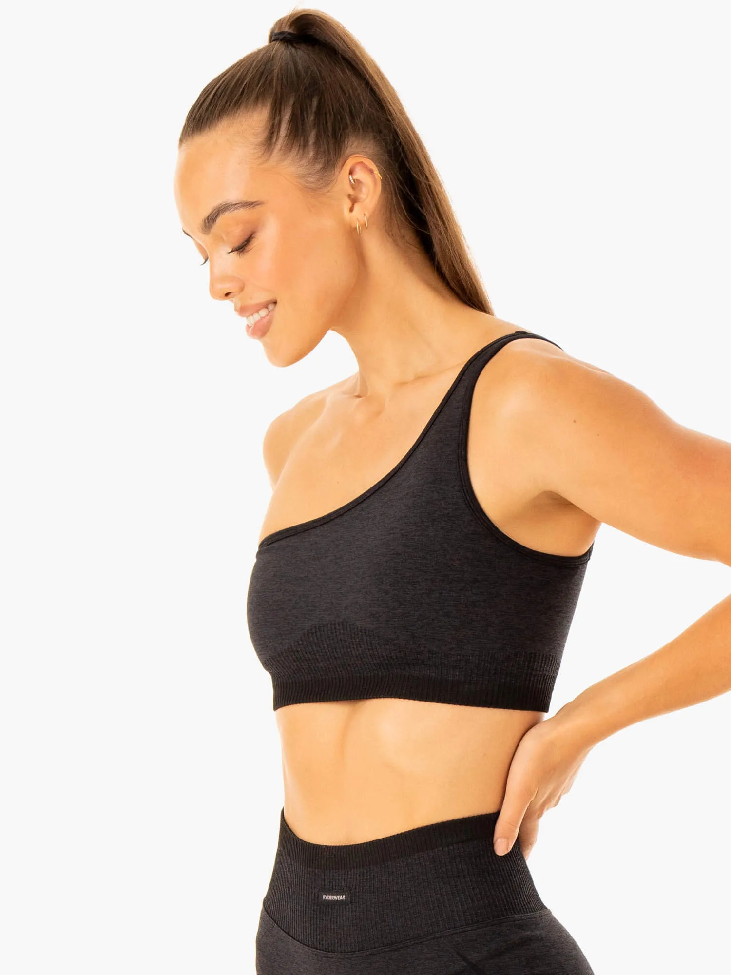 Interlock Stitching Modern fitness gear Excel Seamless One Shoulder Sports Bra - Black Marl