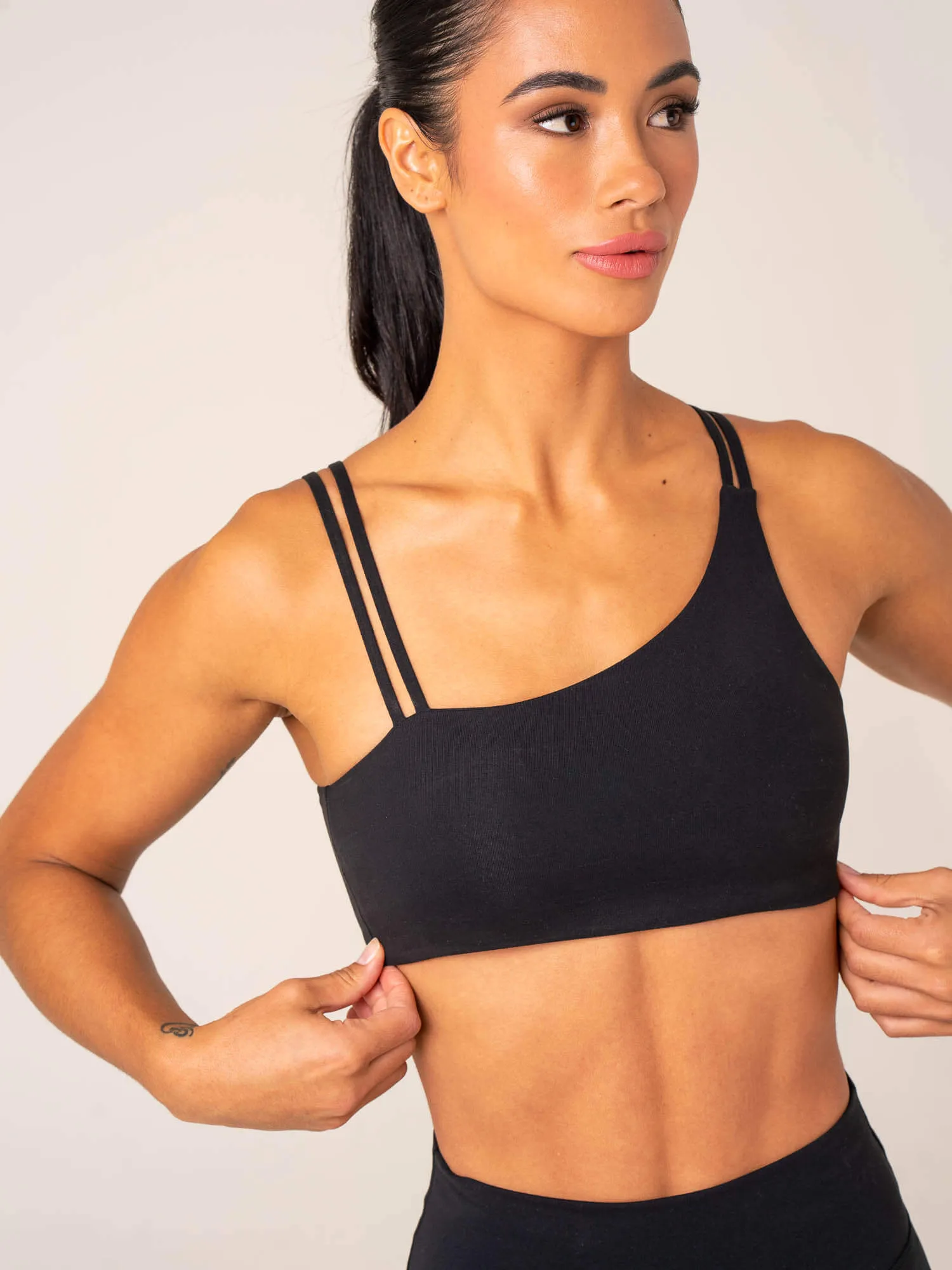 Square Neck Medium seams Unstoppable One Shoulder Sports Bra - Black