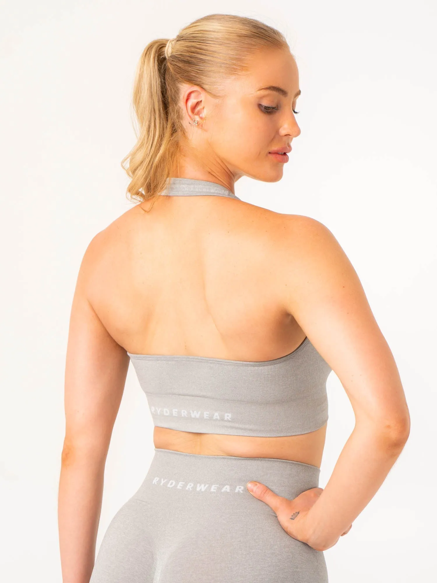 Contour Halter Bra - Light Grey Marl Mesh Fabric Crossback