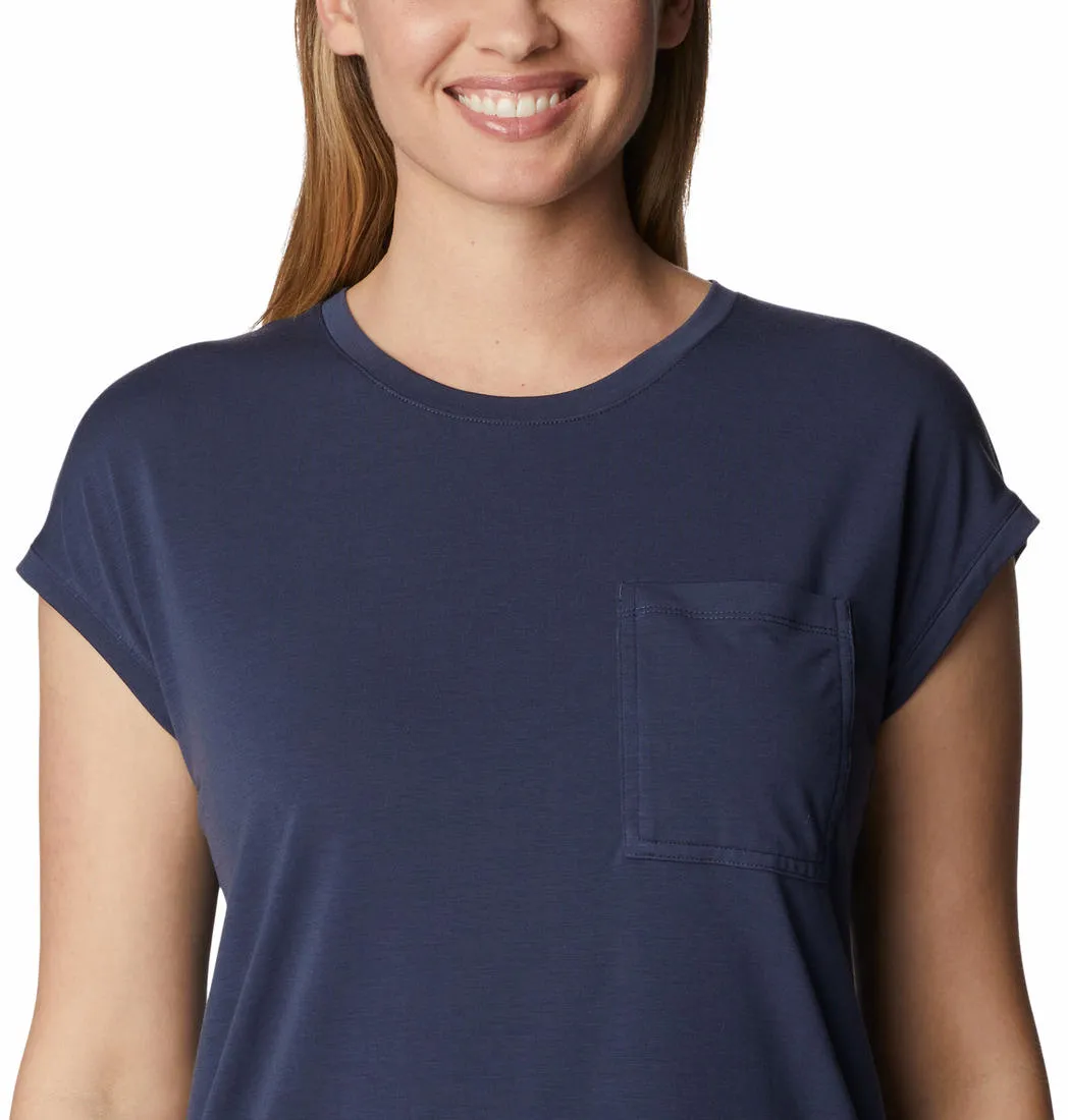 Columbia Women Navy Blue Boundless Trek Short Sleeve Tee Quick Change Curved Hemline