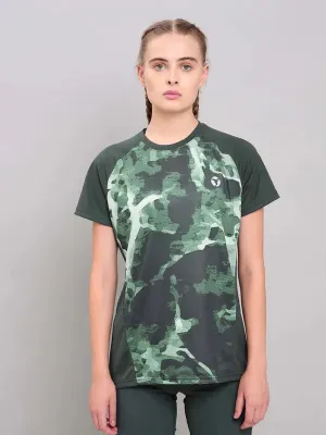 Women Abstract Print Slim Fit Crew Neck T-shirt with TECHNO COOL  Fresh Style Trend
