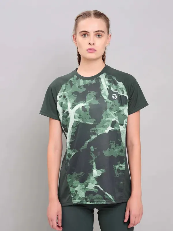 Women Abstract Print Slim Fit Crew Neck T-shirt with TECHNO COOL  Smart Layer