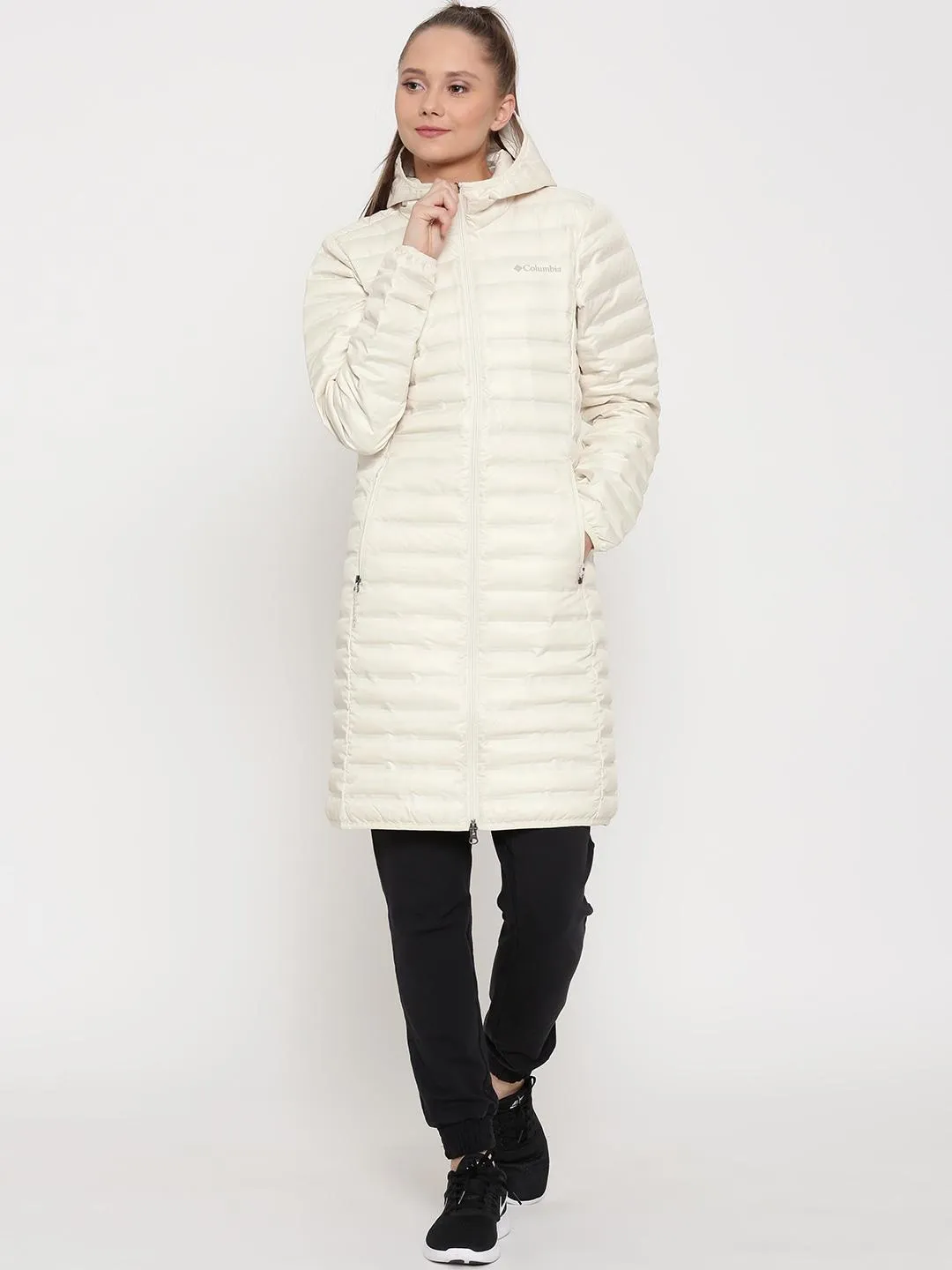 Columbia Women White Flash Forward Long Down Jacket Multi-Season Wear Tear Resistant Panels