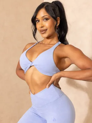 NKD Stonewash Twist Sports Bra - Cornflower Blue Stonewash Laser Cut Edges Adjustable Design