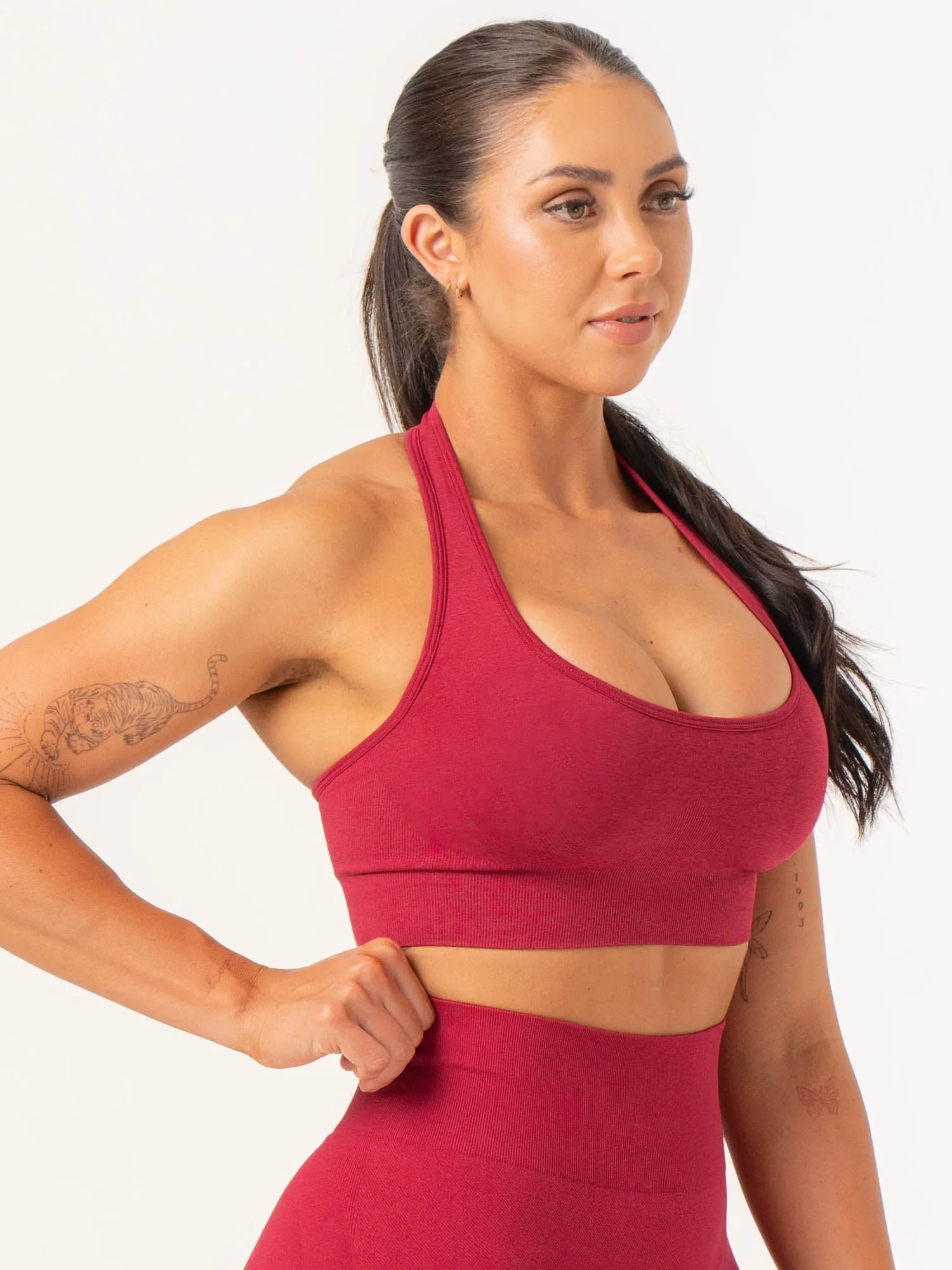 Drawstring closure seams Invisible stitching seams Contour Halter Bra - Berry Marl