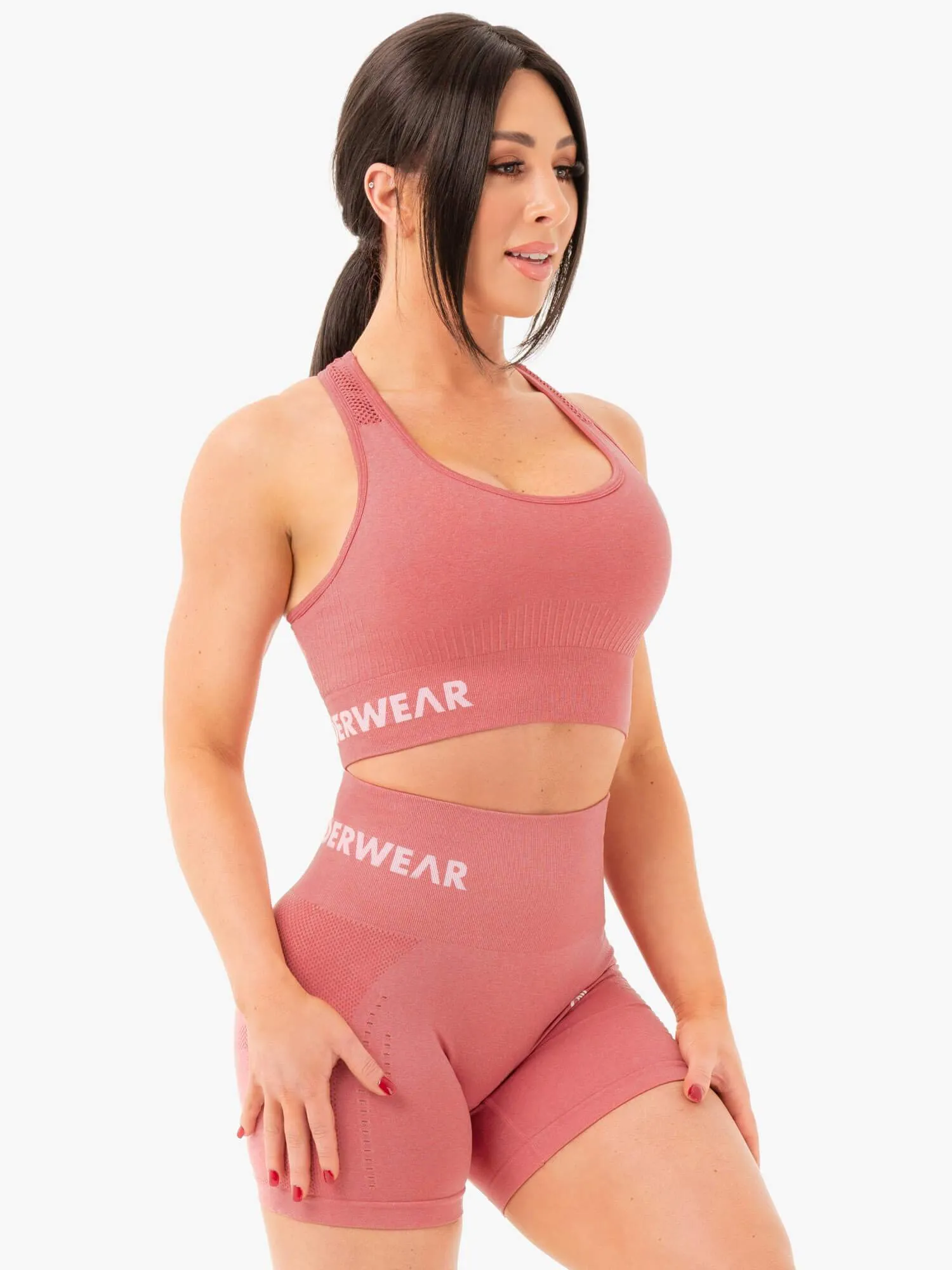 Seamless Staples Sports Bra - Rose Pink Marl Stretchy Band Laser Cut Edges