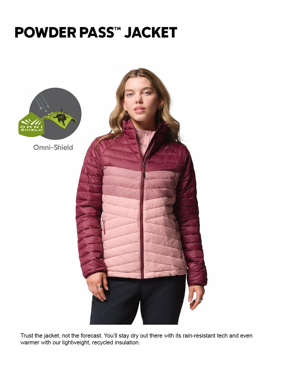 Reinforced Shoulder Panels Storm Gear Columbia Women Pink OmniShield Powder Pass Down Jacket