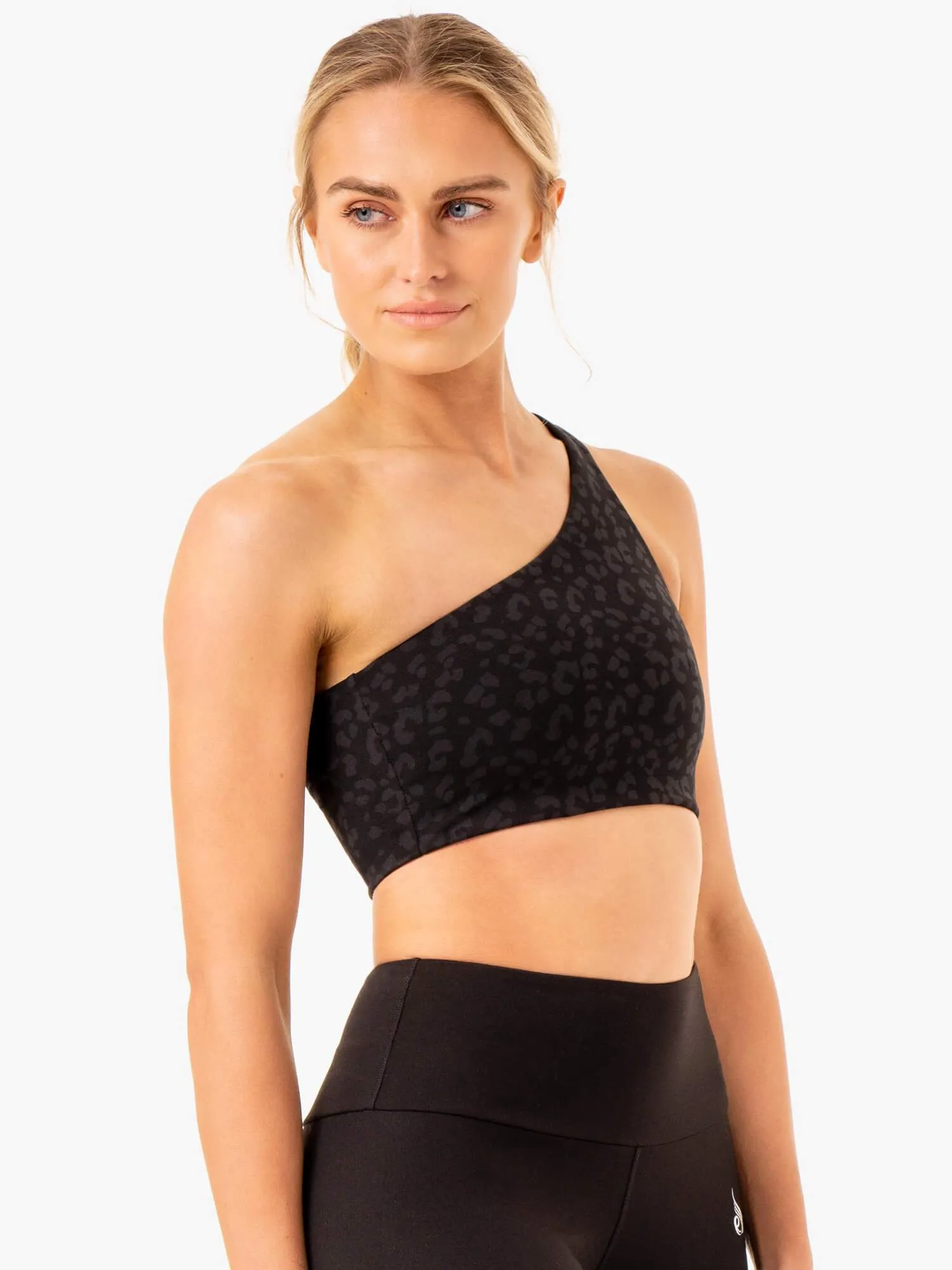 Non-Irritating Band Adapt One Shoulder Sports Bra - Black Leopard
