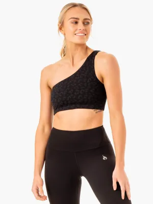 Adapt One Shoulder Sports Bra - Black Leopard Body Hugging Contour Outdoor Sports