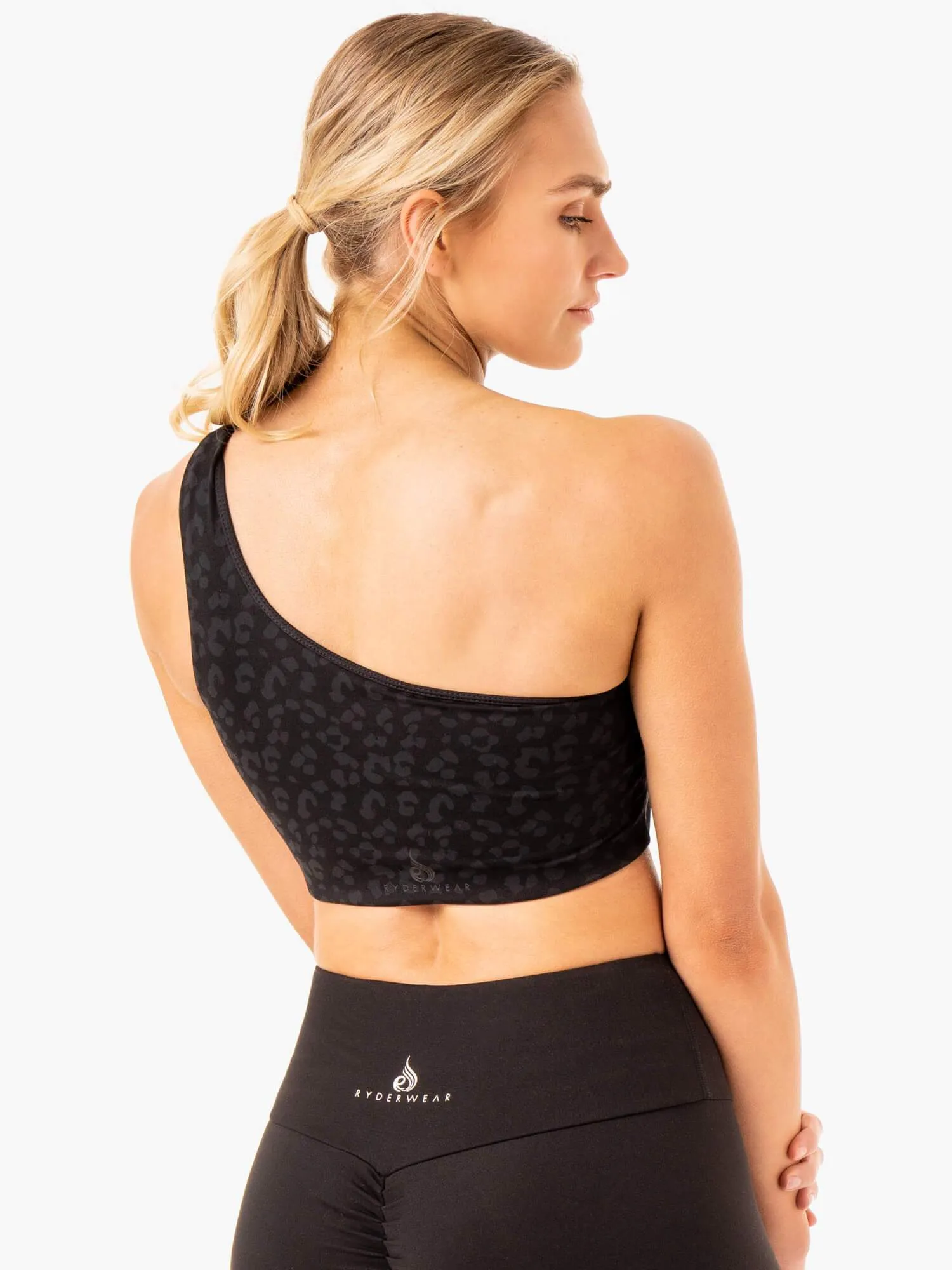 Adapt One Shoulder Sports Bra - Black Leopard Decorated seams