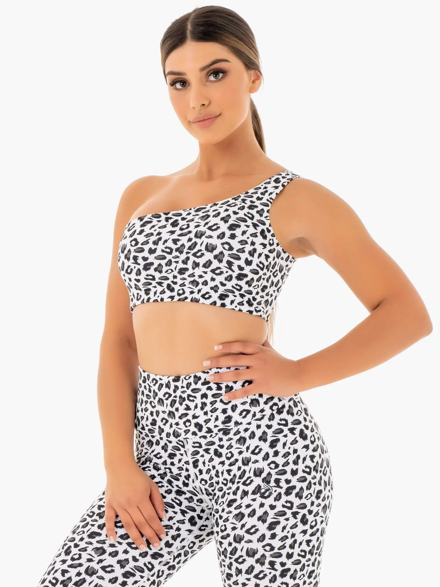 Adapt One Shoulder Sports Bra - Snow Leopard stretchy design