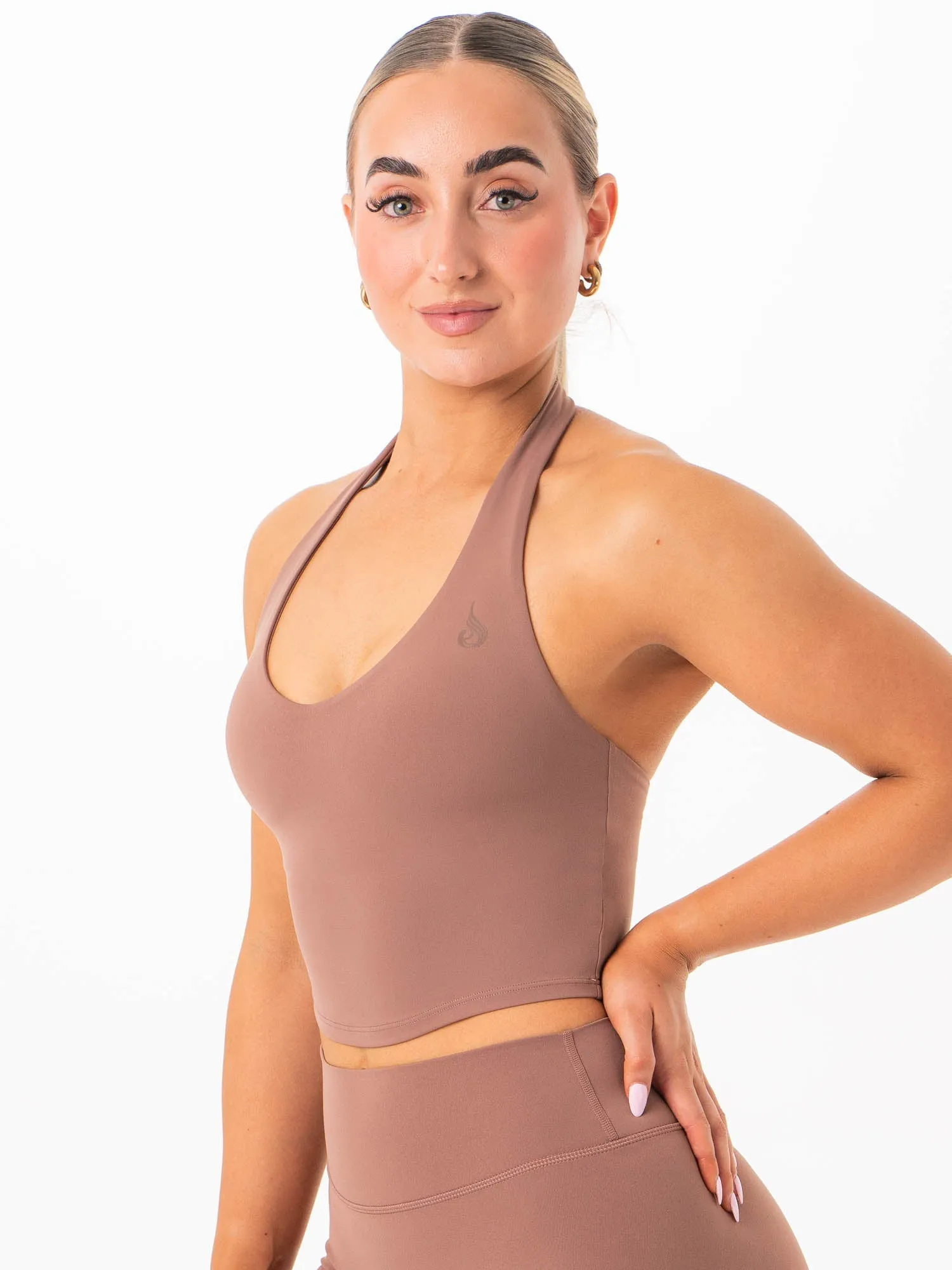 Buttoned seams All-Day Design NKD Halter Shelf Tank - Mocha