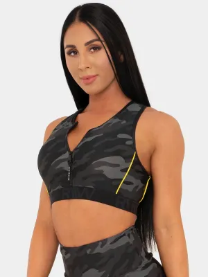 BFCAMO Zip Up Sports Bra - Camo Decorative seams Compression Zone Technology