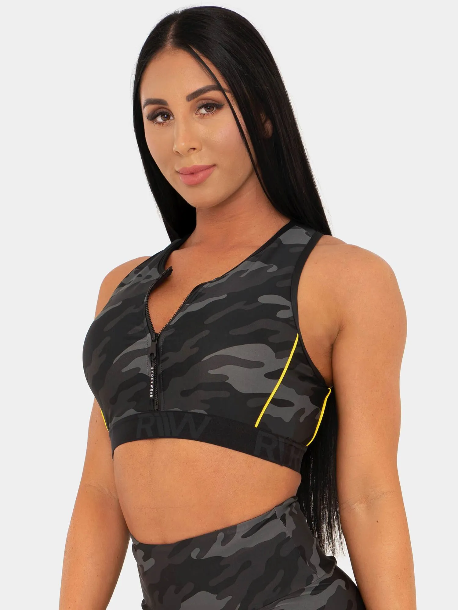 BFCAMO Zip Up Sports Bra - Camo Decorative seams Compression Zone Technology