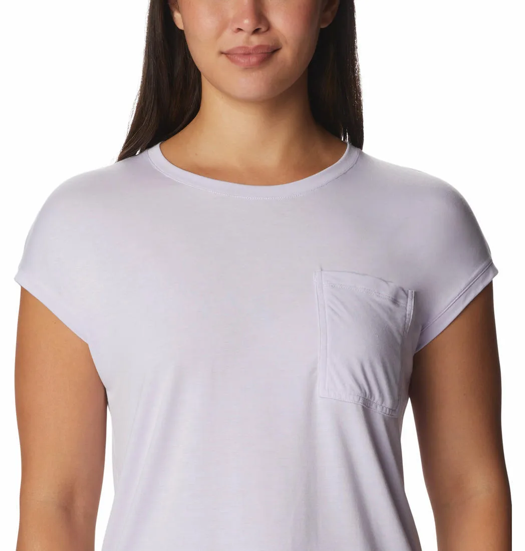 Minimalist Aesthetic Layering Essential Columbia Women Purple Boundless Trek Short Sleeve Tee
