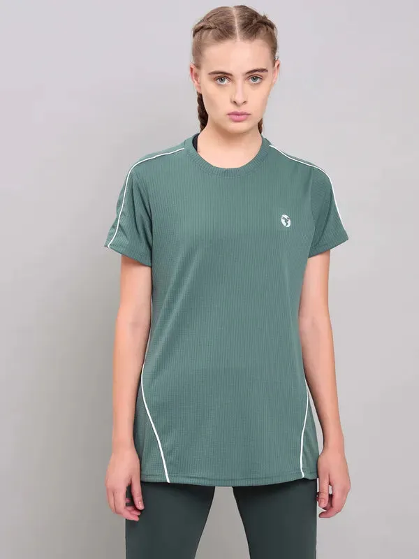 Women Self Design Slim Fit Crew Neck T-shirt with TECHNO COOL  Solid color purity Running Speed