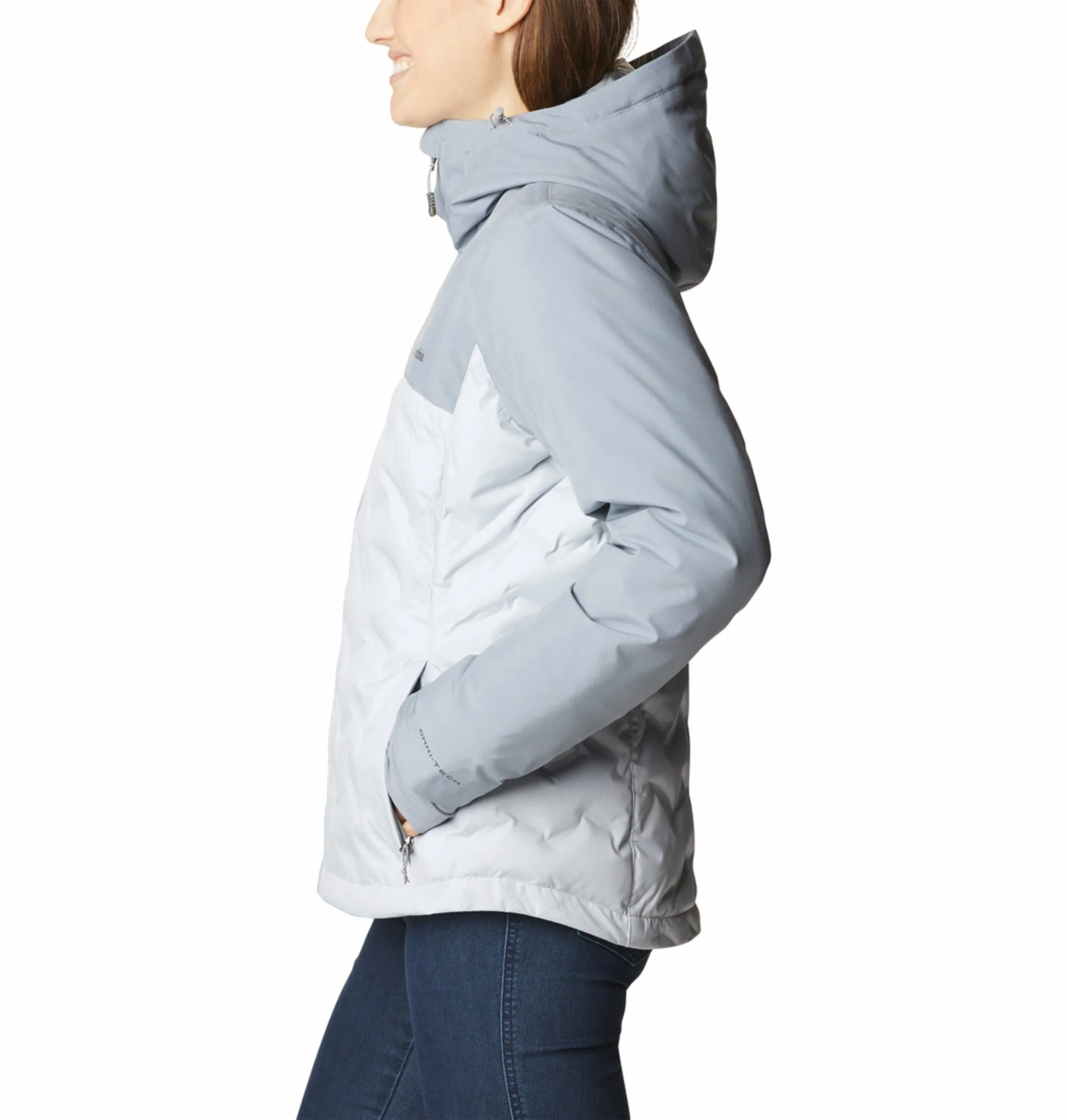 Columbia Women Grey HEAT SEAL Grand Trek III Down Jacket mountain scene