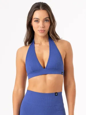 Rib Seamless Halter Sports Bra - Cobalt Training Sessions Breathable Closure