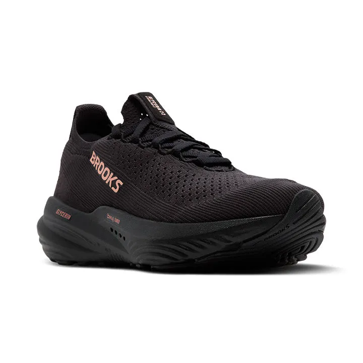 Brooks Women's Glycerin StealthFit 22 Black running in a concrete bridge area shoes