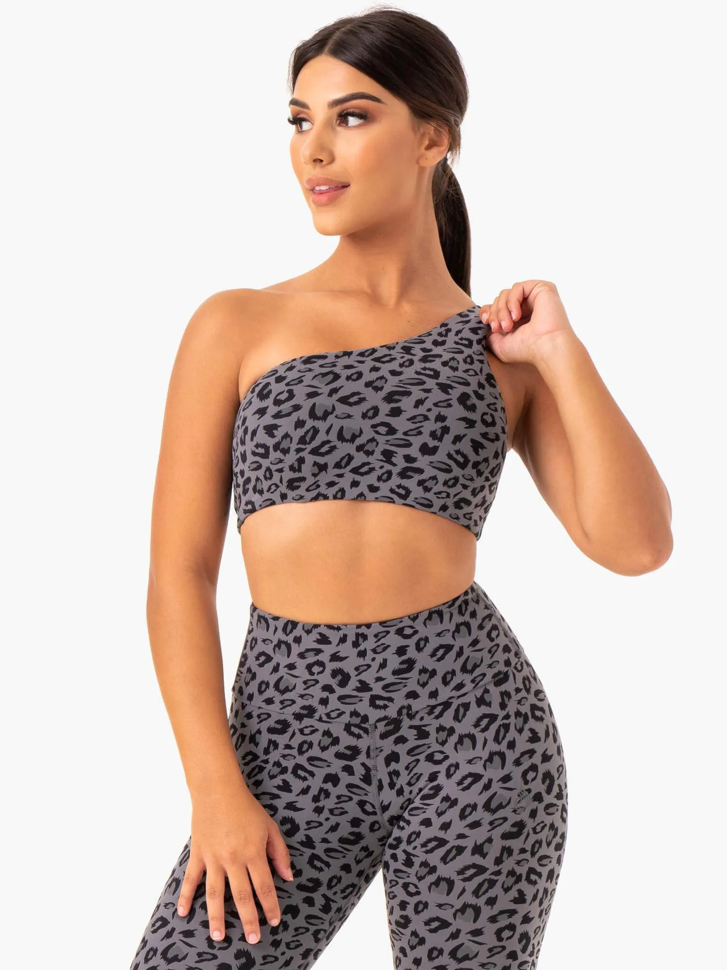 Adapt One Shoulder Sports Bra - Grey Leopard Fashionable Relaxed fit seams