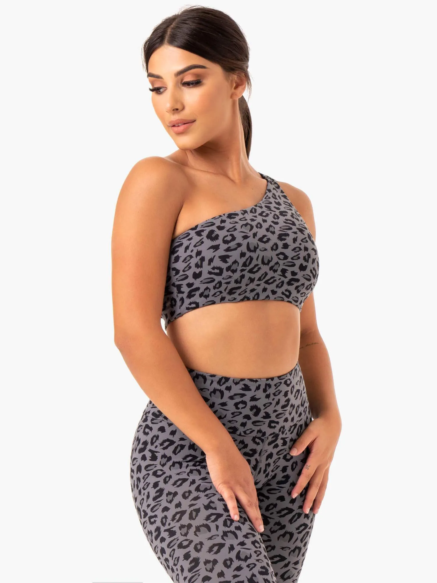 Adapt One Shoulder Sports Bra - Grey Leopard Sleeveless seams Flexible Wire-Free