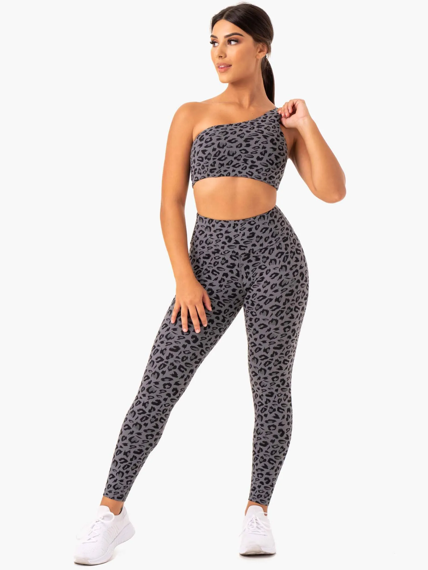 Adapt One Shoulder Sports Bra - Grey Leopard Breathable Mesh Panels