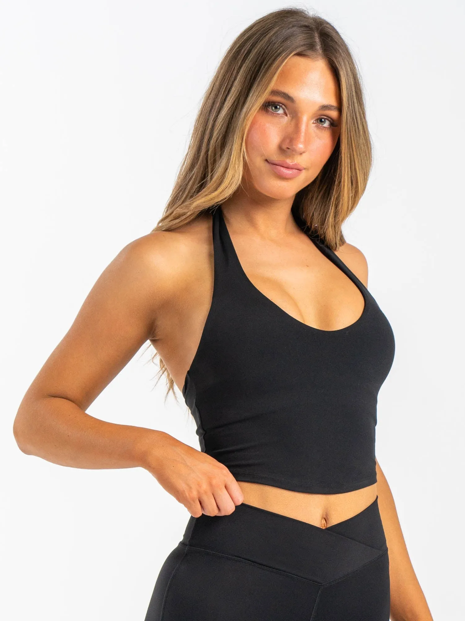 Versatile Design Supportive Band NKD Halter Shelf Tank - Black
