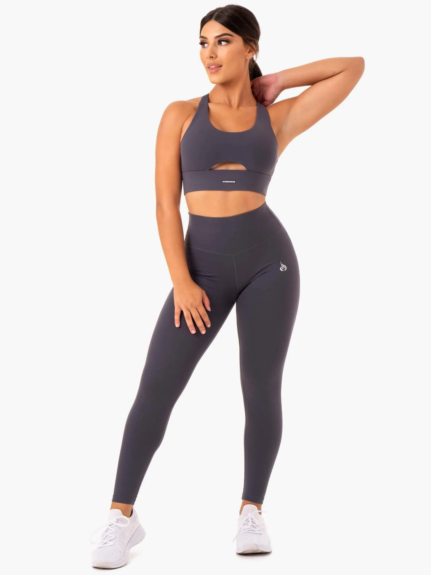 Base Racer Back Sports Bra - Charcoal V-Neck Hip support