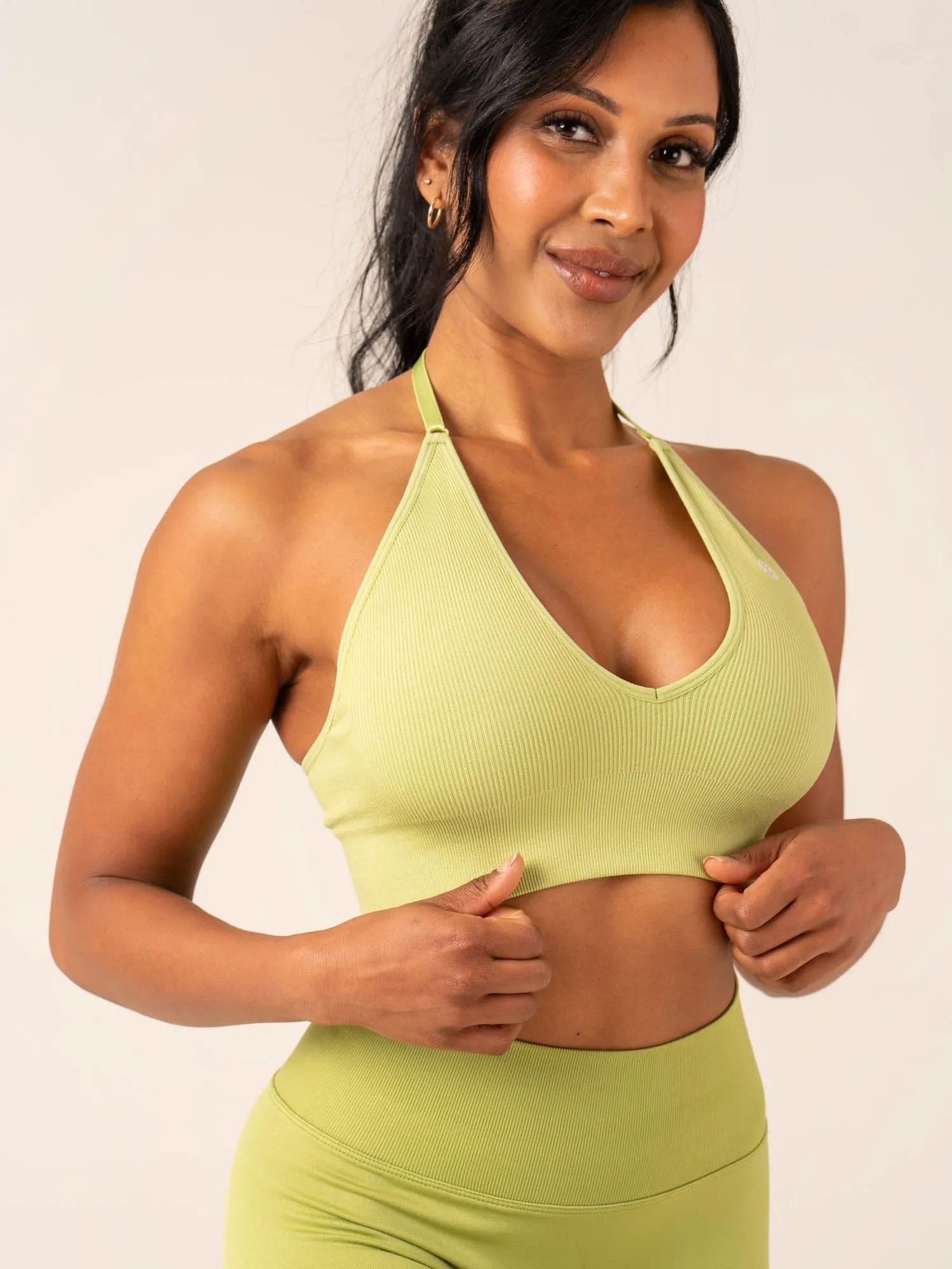Spandex sports outfit Comfortable Structure Lift Rib Seamless Halter Sports Bra - Olive