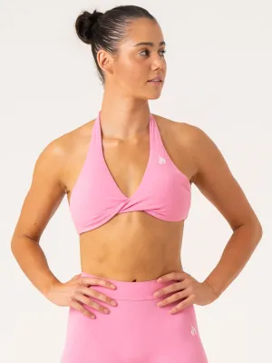 NKD Stonewash Halter Sports Bra - Pink Stonewash Interlock Stitching Fitness beginners