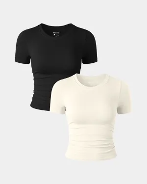 Layering Comfort Eco friendly materials Short Sleeve Neck Ruched  Fitted Crop Tops
