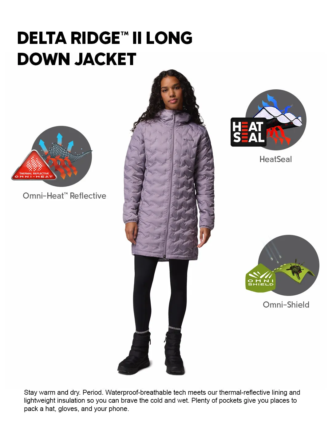 Columbia Women Purple HEAT SEAL Delta Ridge II Down Jacket Secure Zip Pockets All-Weather Comfort