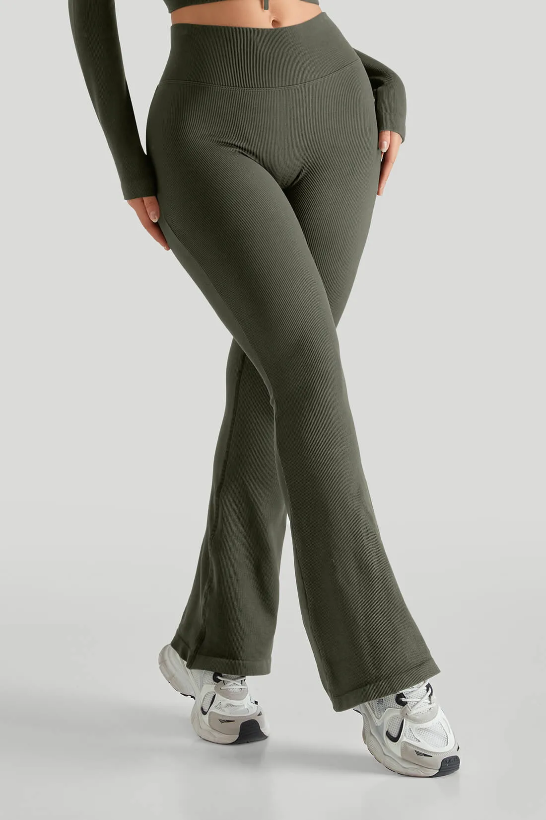 Solid Ribbed Flared Seamless Legging City Walk Rib Knit Compression wear