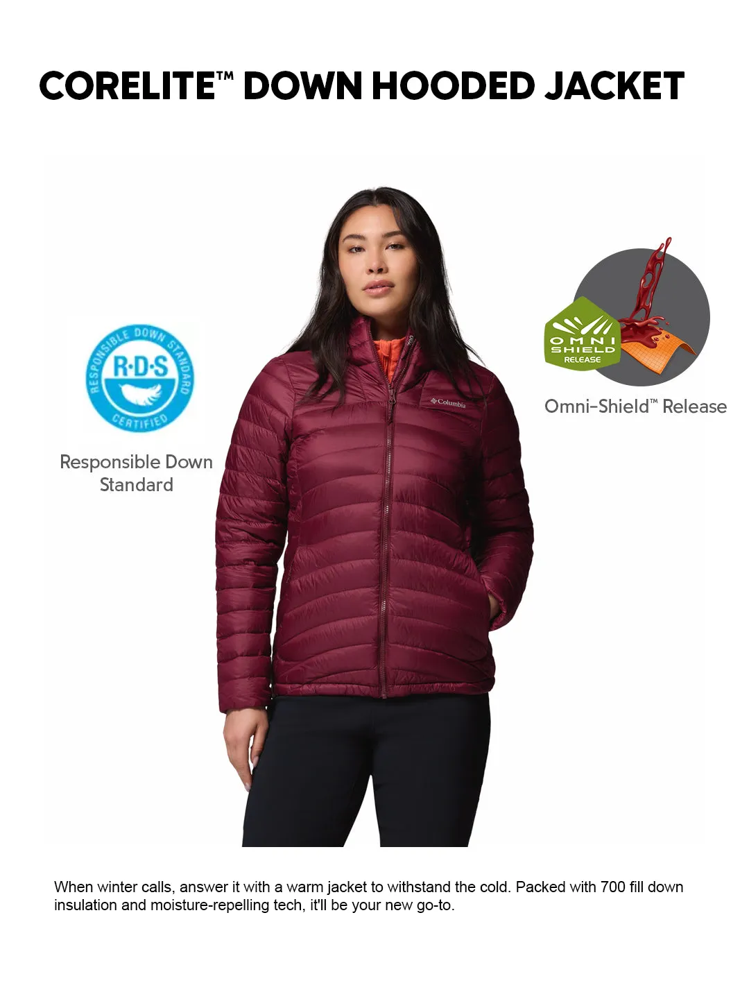 Columbia Women Maroon OmniShield Corelite Down Jacket performance day sun resistant