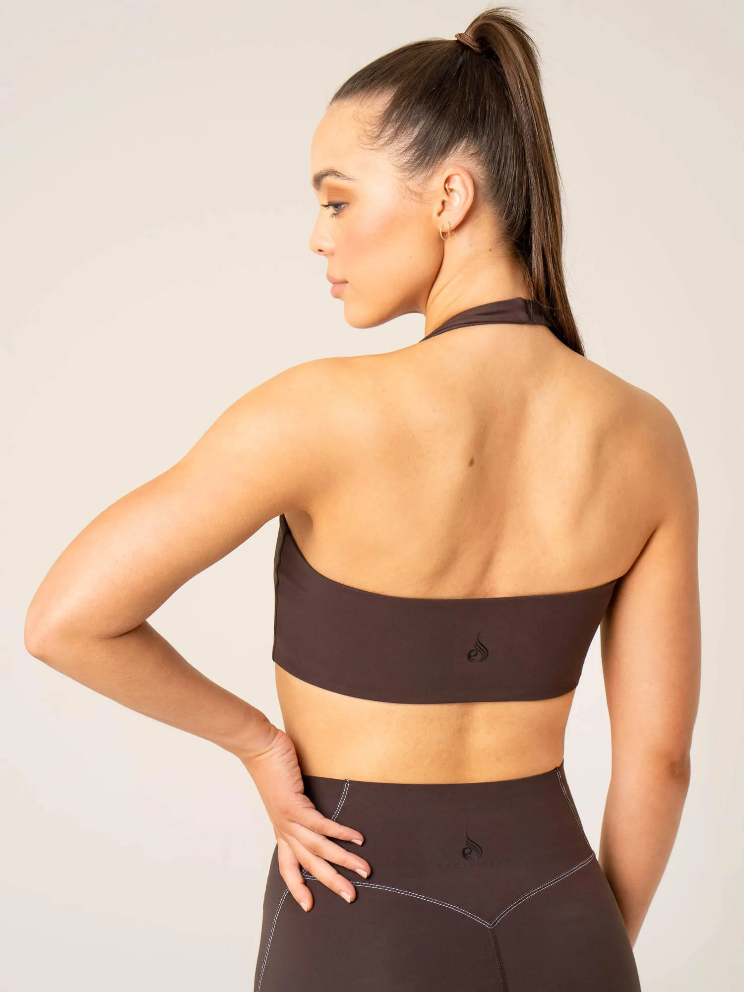 Stride Halter Sports Bra - Chocolate Wide Straps Accessorized seams