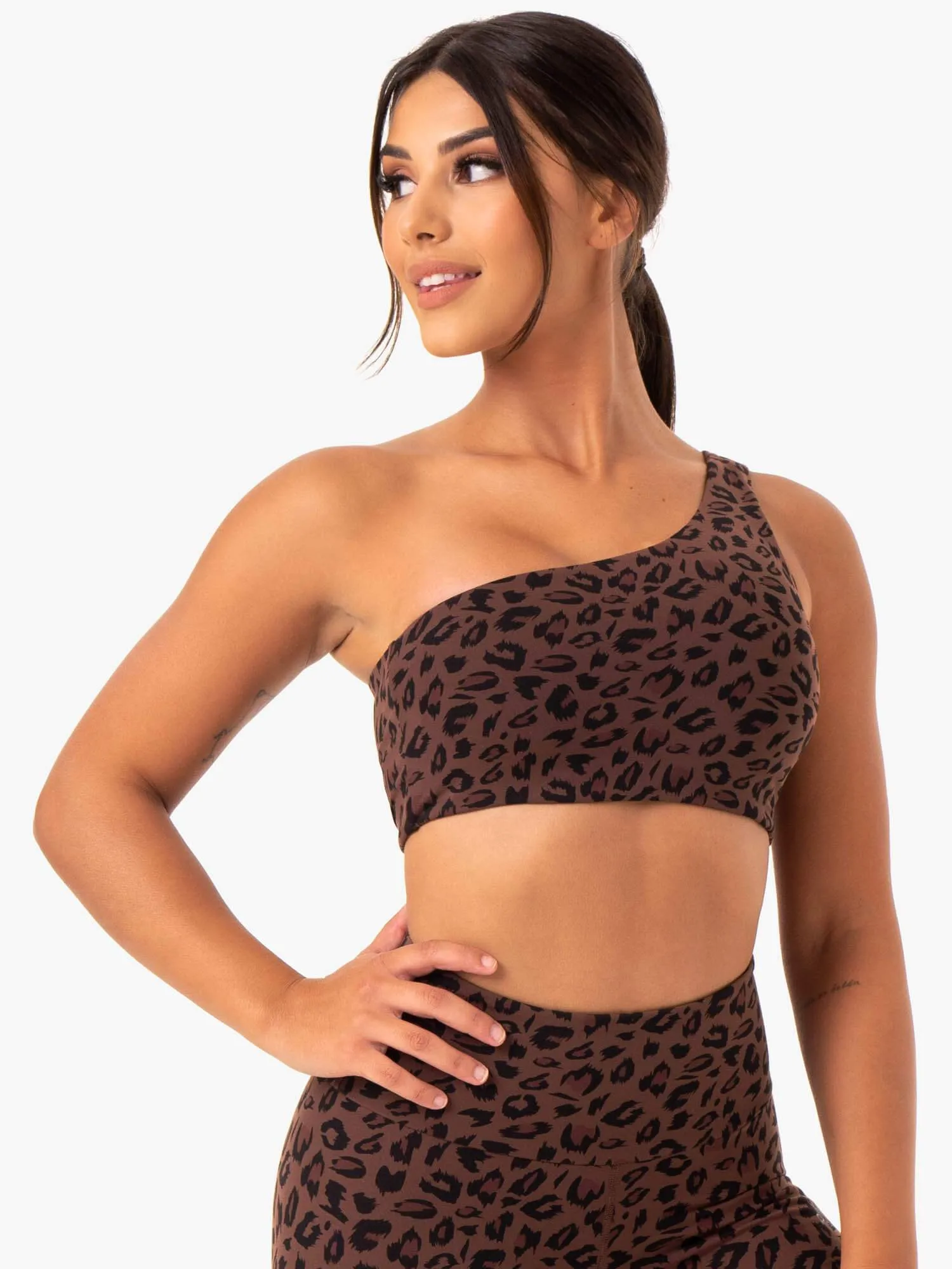 Adapt One Shoulder Sports Bra - Chocolate Leopard Soft Cup