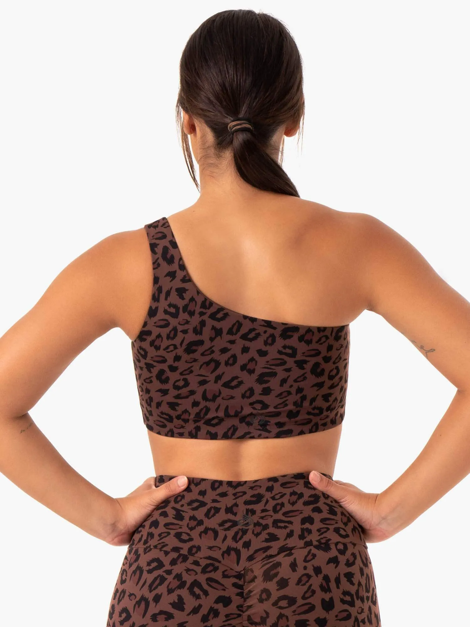 Adapt One Shoulder Sports Bra - Chocolate Leopard Neutral athletic apparel Anti Chafe Lining