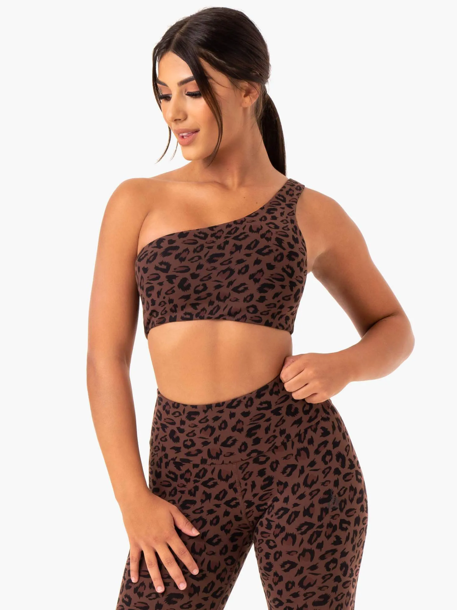 Adapt One Shoulder Sports Bra - Chocolate Leopard Dance costume Pilates studio clients