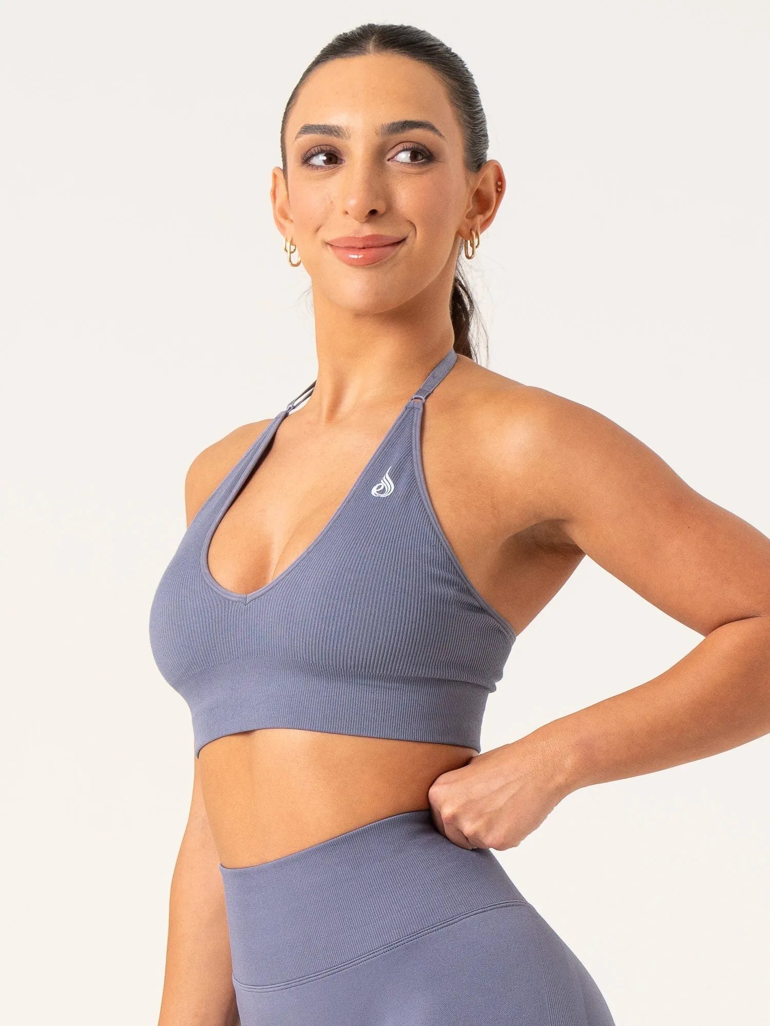 Lift Rib Seamless Halter Sports Bra - Slate Blue Neutral Odor Resistant Material