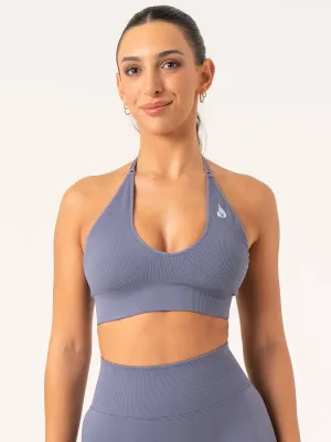 Cross Strap Support Lift Rib Seamless Halter Sports Bra - Slate Blue